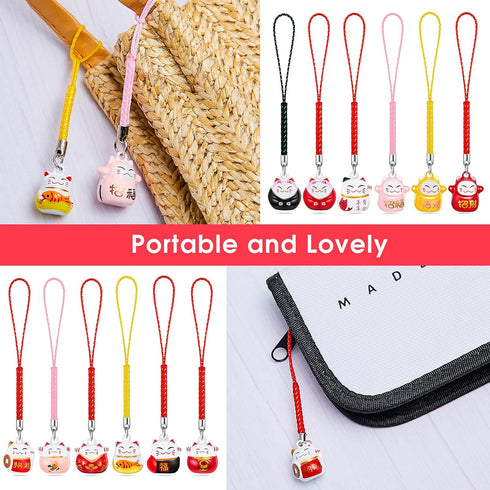 12 Pcs Lucky Cat Keychain Phone Charms Strap Fengshui Fortune Japanese Beckoning Cat Maneki Neko Pendant Good Health Mascot Avoid Evil Pendants...