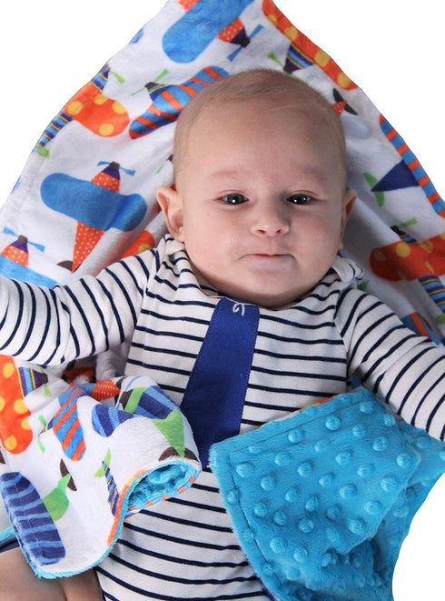 Unisex Baby Reversible Minky Dot Stroller Blanket (Choose Color) (Airplane/Turquoise)...