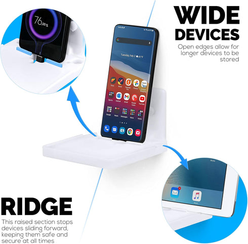 4" Small Wall Mount Shelf with Tablet & Phone Holder, Use for Baby Monitors, Bedside, Decor, Cameras, Speakers & More, Adhesive & Screw-in (White)...