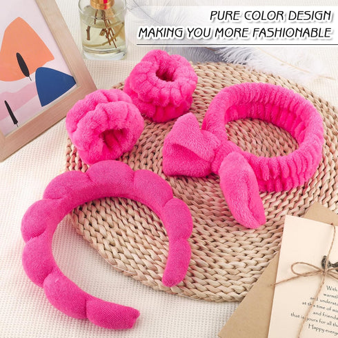 4Pcs Spa Headband for Washing Face Wristbands Set Women Bubble Skincare Makeup Sponge Terry Cloth Padded Puffy Headband Bow Tie Hairband Cute Non ...