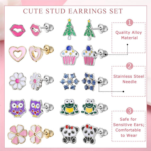 BESTEEL 63 Pairs Cute Stud Earrings for Women Sensitive Ears Studs Set With Stainless Steel Post Candy Flower Heart Animal Earrings in Vivid Color...