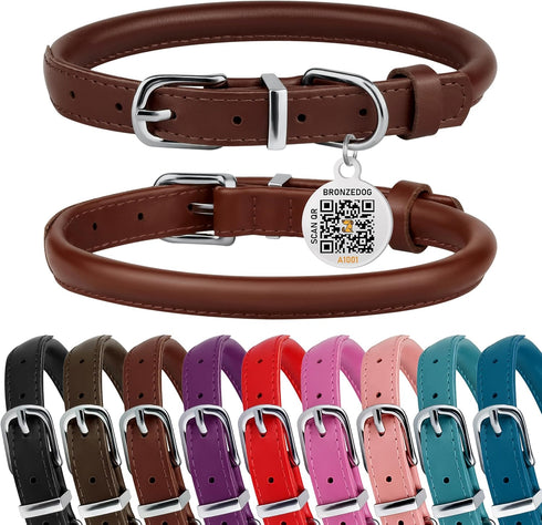 BRONZEDOG Rolled Leather Dog Collar for Small Medium Large Dogs with QR ID Tag (XS: 9-11 Inch, Chocolate Brown)...