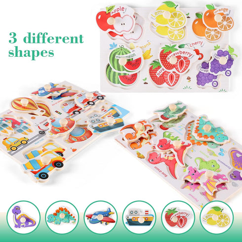 Wooden Peg Puzzles for Toddlers 1-3, Kids' Educational Preschool Peg Puzzle Toy, Set of 3 Toddler Puzzles - Traffic, Dinosaur, and Fruit, Ideal Gi...