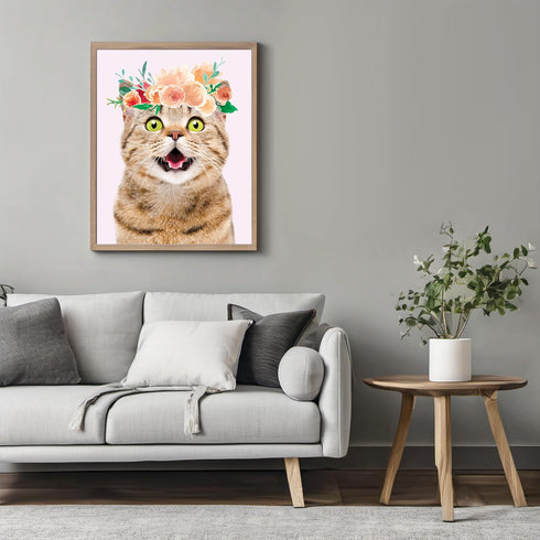 Posterizer 1 pcs-Excited Cat With Flower Crown Cute Print-Art for Animal Lovers-Floral Botanical Art-Gifts for Women-Living Room Bedroom Decor- un...
