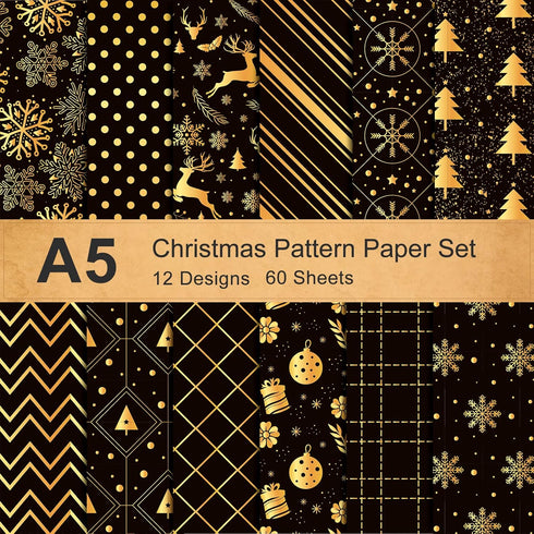 Whaline 60 Sheet Christmas Pattern Paper A5 Size 12 Designs Snowflake Reindeer Christmas Tree Glossy Pattern Paper Black Gold Decorative Craft Pap...