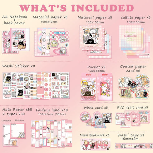 Draupnir Kawaii Pink Cute Cat Scrapbook Kit, Bullet Junk Journal Kit with Journaling/Scrapbooking Supplies, Stationery, A6 Grid Notebook Graph Rul...