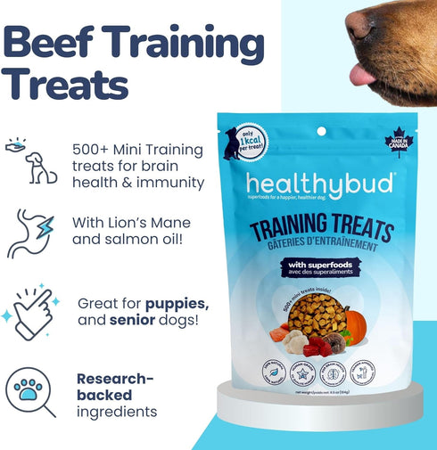 healthybud Mini Dog Training Treats - Beef Liver Soft Trainer Bites, 500+ Bits, 1 kCal per Bite, 6.5oz, Reishi, Lion’s Mane, Salmon Oil, Puppy Che...