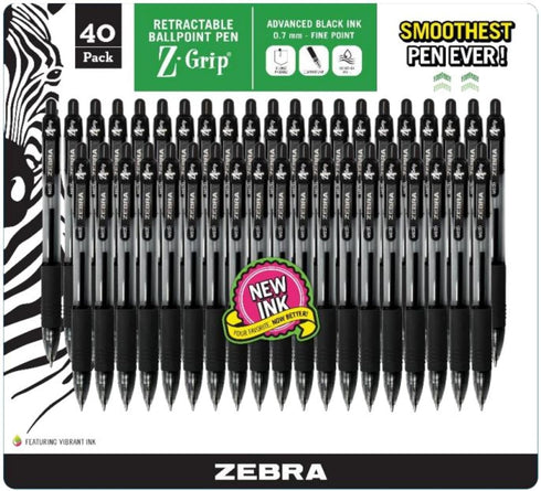 Zebra Black Pens - 40 Pack Z Grip Ballpoint Pen - .7 mm Fine Point - Retractable Pen...