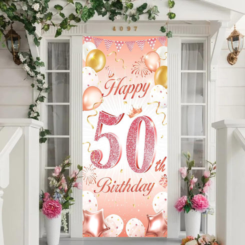 DPKOW Rose Gold 50th Birthday Banner - Backdrop, Wall & Garden Decoration, 185 x 90cm Fabric...