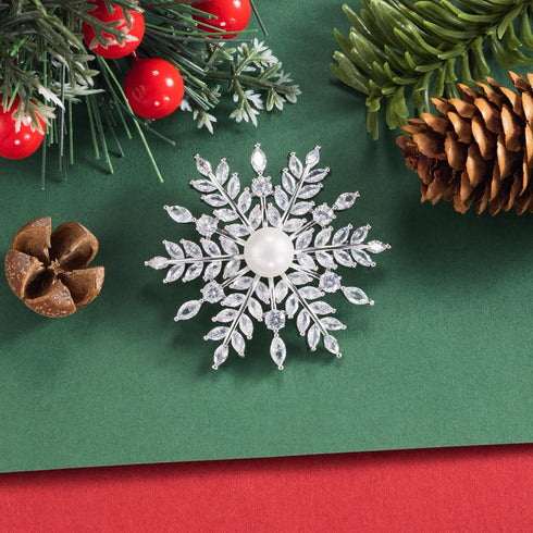 SELOVO Bridal Zircon CZ Bouquet Snowflake Simulated Pearl Brooch Pins Silver Tone...