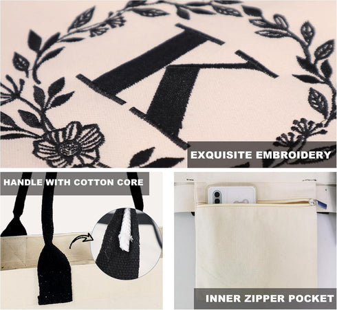 BeeGreen Monogram Initial Canvas Bag with Inner Zipper Pocket Embroidery Personalized Tote for Mom Teacher Friend...