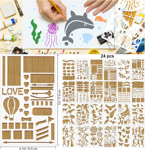 24 Pieces Mixed Shapes Drawing Journal Stencils Kit,Animal Flowers Scale Painting Templates for DIY Schedule Wall Art Design,Reusable Plastic Pain...