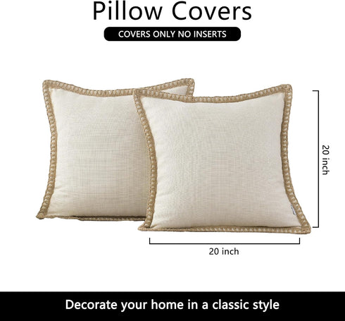 NordECO HOME Set of 2 Throw Pillow Covers - Burlap Linen Trimmed Tailored Edges Decorative Cushion Covers for Bed Home Decoration, 20 x 20...