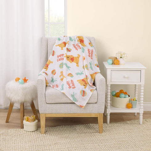 Disney Winnie The Pooh Aqua, Tan, Red, and White Hoppy Easter Super Soft Plush Baby Blanket...
