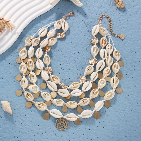 Firstmeet Layed Cowrie Shell Necklace With Glod Coin Pendant Handmade Hawaiian Puka Seashell Choker...