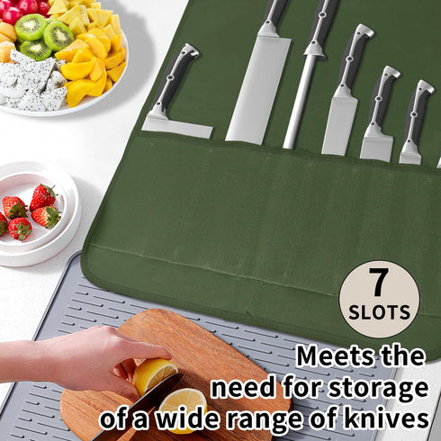 Knife Roll, Chef Knife Bag, Waxed Canvas Heavy Duty Knife Pouch with 7 Slots, Knife Bags for Chefs Professional with Knife Tip Protectors Tool Sto...