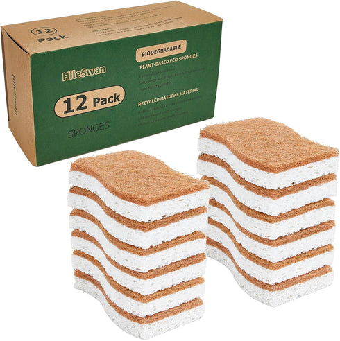 Natural Kitchen Sponges, 12 Pack Non-Scratch Scrubber, Biodegradable Compostable Sisal Cellulose Dish Scrub Sponges, Household Cleaning Sponges fo...