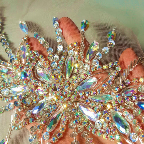 Exquisite Uniquely Pure Handmade AB Colour Bright Crystal Patches Sew-on Rhinestones Applique with Stones Sequins Beads for Wedding Dress DIY Manu...