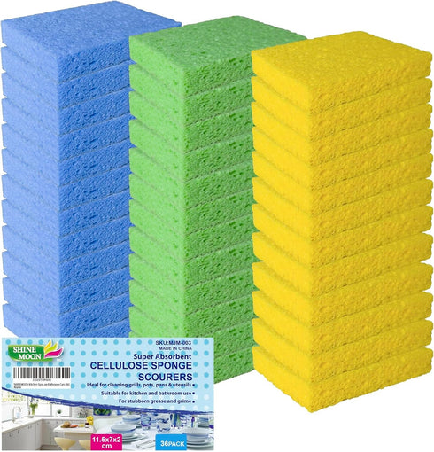 36 Pk Pop-Up Compressed Cellulose Sponges, Heavy Duty Scrub Kitchen Sponge, Clean Tough Messes Without Scratching Eco Friendly Reusable Compostabl...