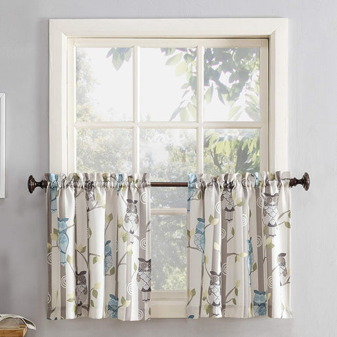 No. 918 Hoot Owl Print Semi-Sheer Rod Pocket Kitchen Curtain Tier Pair, 56" x 24", Mocha...