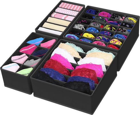 Simple Houseware 4-Pack Drawer Organizer Set - Closet Dividers for Underwear, Socks, Bras, Scarves, Ties - Foldable Non-Woven Storage Boxes, Black...