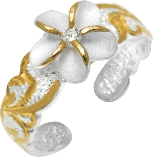 Honolulu Jewelry Company Sterling Silver Two Tone Plumeria Flower Nature Hawaiian Scroll CZ Toe Ring with 14K Yellow Gold Plated Trim...