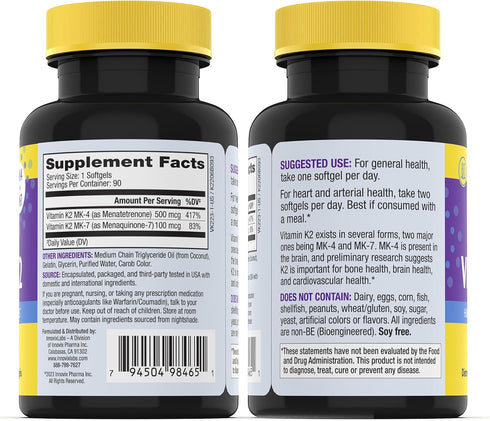 InnovixLabs Full Spectrum Vitamin K2 MK-7-90 Capsules - Vit K2 Vitamin Supplement with Trans Form MK7 & MK4-600 mcg - Supports General Health & Bo...