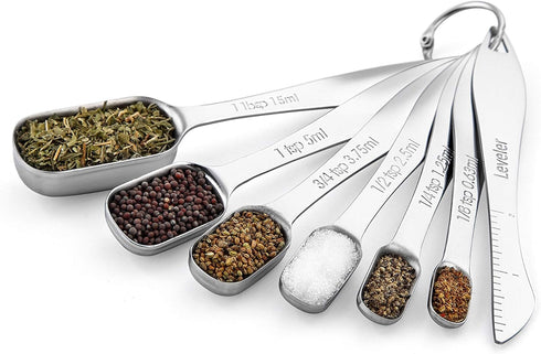 Spring Chef Stainless Steel Measuring Spoons Set of 7 with Leveler, Rectangular Metal Teaspoon & Tablespoon Measuring Spoons for Dry & Liquid Ingr...