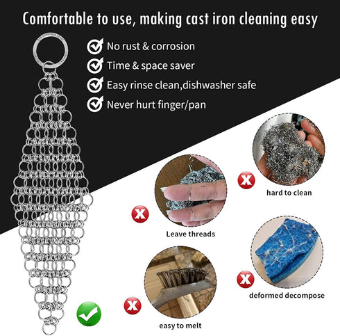 2Pack Cast Iron Scrubber Stainless Steel Chain Mail Scrubber, Cast Iron Cleaner Chainmail Scrubber for Dutch Oven Carbon Steel Wok Grill Pan, Chai...
