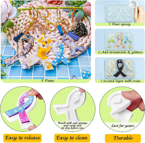 Awareness Ribbon Keychain Epoxy Resin Silicone Molds with Heart, for Pendant Charm Jewelry Casting Fondant Cake Chocolate Pudding Cookie Soap Poly...