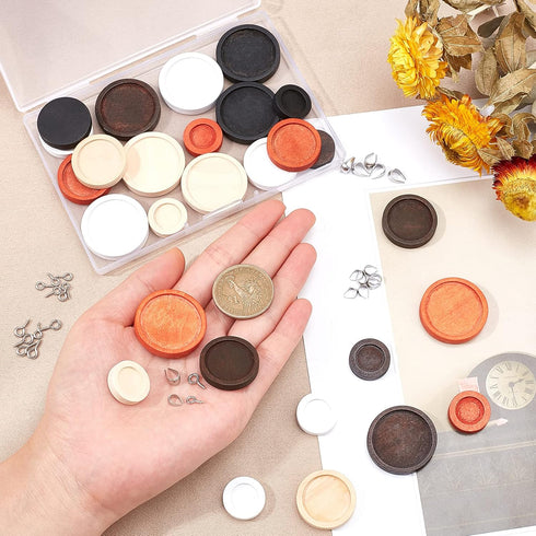 PH PandaHall 30pcs Flat Round Wooden Pendant 3 Sizes Blank Pendant Trays Wood Bezel Pendant with 40pcs Screw Eye Pin Peg Bails 40pcs Ice Pick Pinc...