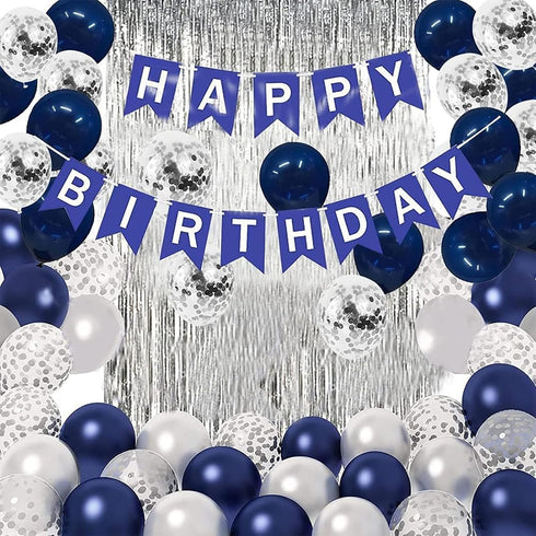 Blue Birthday Party Decorations, Happy Birthday Decorations for Men with Banner Blue Silver Confetti Latex Balloons and Foil Fringe Curtains for M...