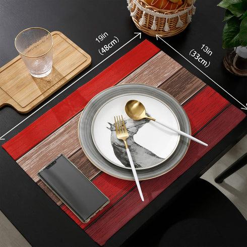Vandarllin Christmas Red Brown Placemats Set of 6, Retro Rustic Barn Wood Texture Polyester Stain Resistant Table Mats Washable Placemat Decoratio...