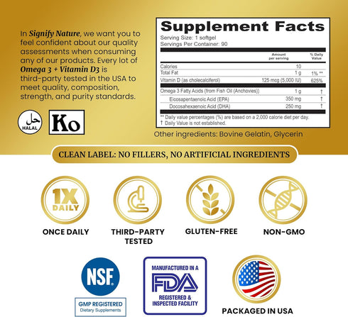 Omega 3 Fish Oil Supplement with Vitamin D3 5000 IU - 1000mg Triglyceride Capsules for Brain Health - Optimal Ratio EPA DHA Omega-3 Fish Oils Vita...