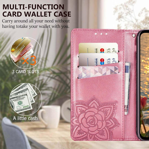 for iPhone 11 Wallet Case,Women Flip Folio Cover with Butterfly Embossed PU Leather Credit Card Holder Slots Magnetic Detachable Wrist Strap for i...