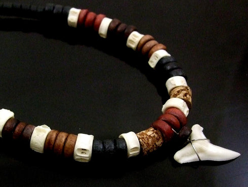 Genuine Mako Shark Tooth Anklet, Handcrafted Wooden Beads Anklet for Women Men Surfer Jewelry DA314-K...