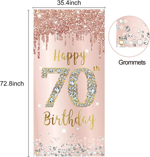 70th Birthday Door Banner Decorations for Women, Pink Rose Gold Happy 70th Birthday Door Cover Backdrop Party Supplies, Large Seventy Year Old Bir...