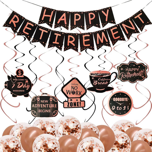 Retirement Party Decorations for Women Black Rose Gold Happy Retirement Banner and Swirls with Rose Gold Confetti Balloons Kit for Female Retireme...