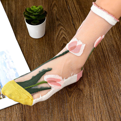 3 Pairs Sheer Socks Women Mesh Socks Women Tulle Socks Lace Socks Summer Transparent Elastic Jacquard Crystal Glass Socks Womens Crew Socks Cute M...