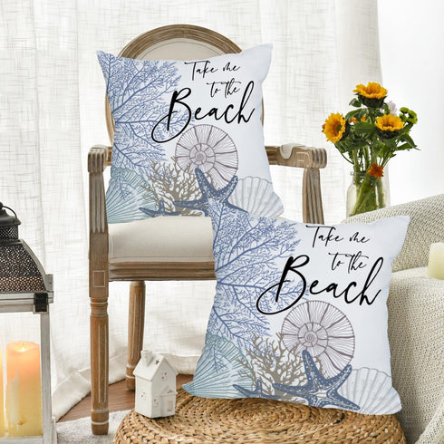 2 Pack Waterproof Take Me to The Beach Summer Pillow Covers 18x18 Inch Blue Ocean Sea Shell Coral Conch Starfish Throw Pillow Covers Outdoor Coast...