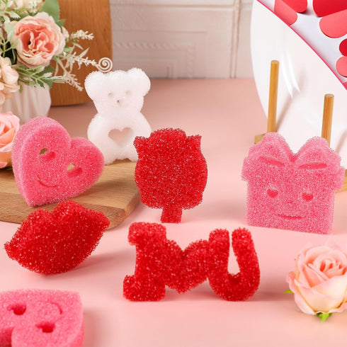 12 Pcs Valentine's Day Cleaning Sponges Cute Kitchen Scrub Sponges Heart Lip Bear Rose Sponge Temperature Sensitive Non Scratch Household Cleaning...