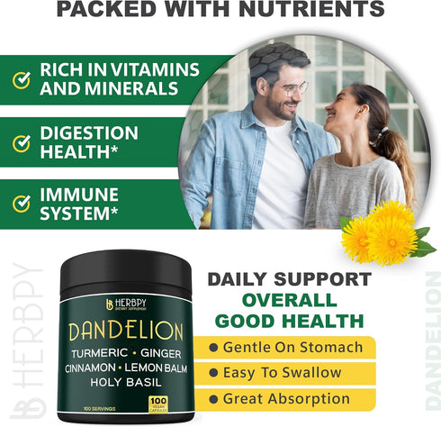 Dandelion Root Supplement 7500mg 6in1 for Digestion, Heart Health & Immune - Blended with Ginger, Turmeric Curcumin, Ceylon Cinnamon, Lemon Balm &...