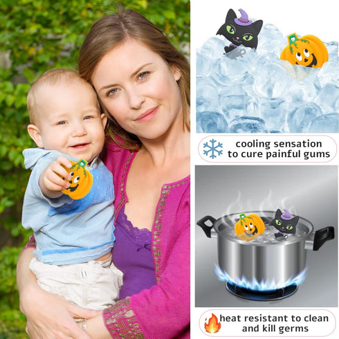 Teething Toys for Babies, PAPACHOO 2 Pack Halloween Soft Silicone Baby Soothing Teether Chew Toys (Orange & Kitten)...