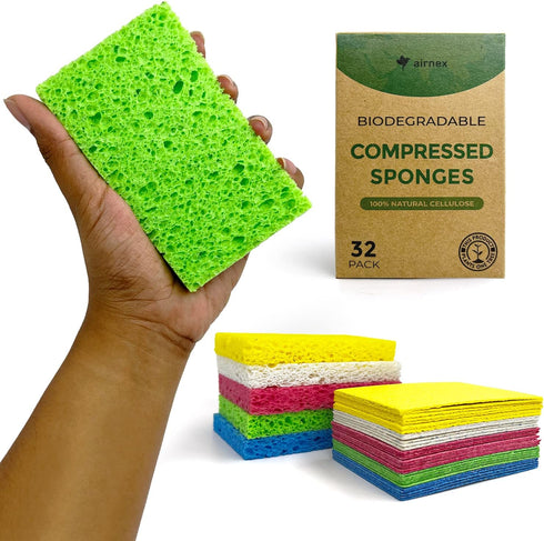 Biodegradable Cellulose Compressed Sponges - Pack of 32 Kitchen Sponges for Cleaning - Heavy Duty and Natural Multipurpose Household Cleaning Spon...