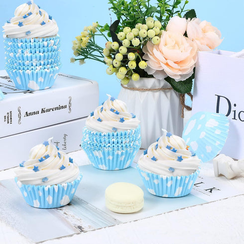 300 count Cloud Blue Cupcake Liners White Light Blue Cupcake Wrappers Paper Blue Muffin Cups Birthday Theme Party Baking Cups Baby Shower Decor Co...