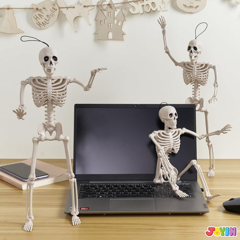 JOYIN 3 PCS Halloween Hanging Skeletons 16" Full Body Posable Joints Movable Plastic Bones for Halloween Party Outdoor Indoor Decor, Yard Patio La...