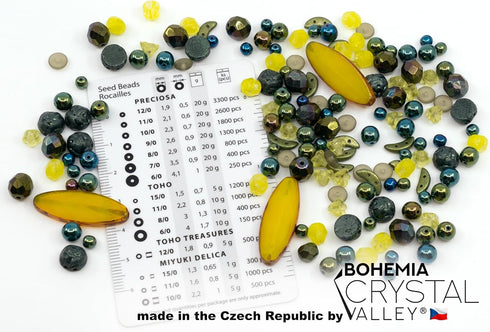 1.4oz (40g) LIMITED Mix of Czech Glass Beads Table Cut, Matte and Glossy, Faceted Fire Polish, Hand Made Set Kit, Dark Lime...