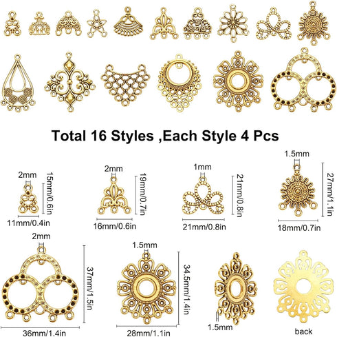 SUNNYCLUE 1 Box 64Pcs Earring Connectors Charms Filigree Components Links Chandelier Charms Flower Linking Charms Loops Jewelry Making Kit for Vin...