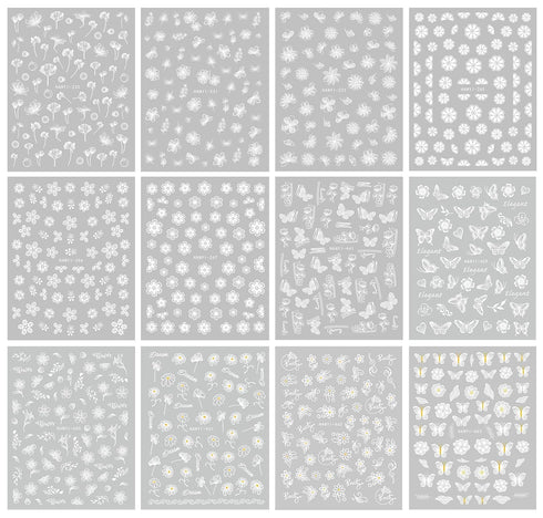 JMEOWIO 12 Sheets Spring White Flower Nail Art Stickers Decals Self-Adhesive Pegatinas Uñas Summer Butterfly Leaf Floral Nail Supplies Nail Art De...
