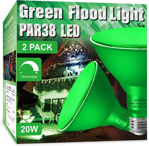 2 Pack PAR38 Green Flood Lights Outdoor,Dimmable Flood Green Light Bulb,20W(Equivalent to 200W),E26 Base Green LED Light,Christmas Light Bulbs,Out...